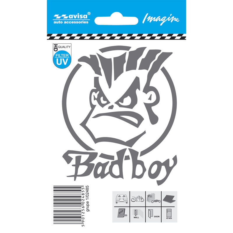 Avisa, Klistremerke, BAD BOY sølv, 1 stk, 8,1x9,8 cm