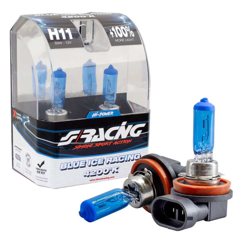 Simoni Racing, Halogenpærer 'Blue Ice Racing' H11 (4200K) 12V/55W - Sæt af 2 stk. ECE-R37 E-Mærket