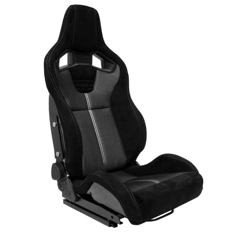 AutoStyle, Sportssæde 'NK Premium', Sort Suede + Grå Mesh, Dobbeltjusterbar Fiberglas Rygstøtte, Inkl. Skinner